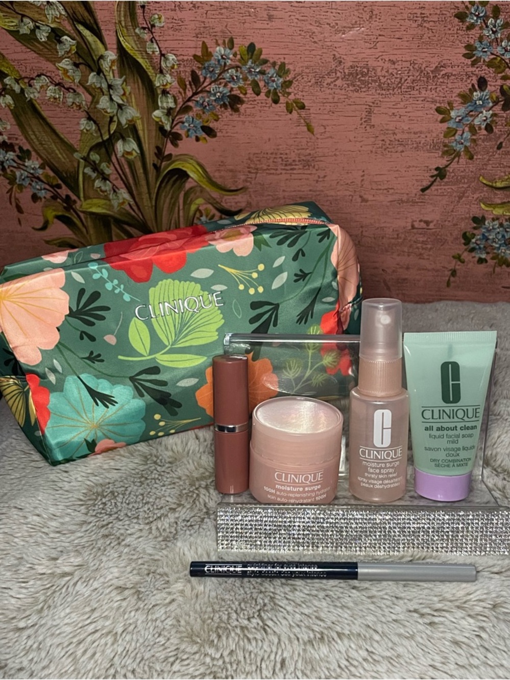 Clinique Mini Skincare & Makeup Set with Floral Cosmetic Pouch